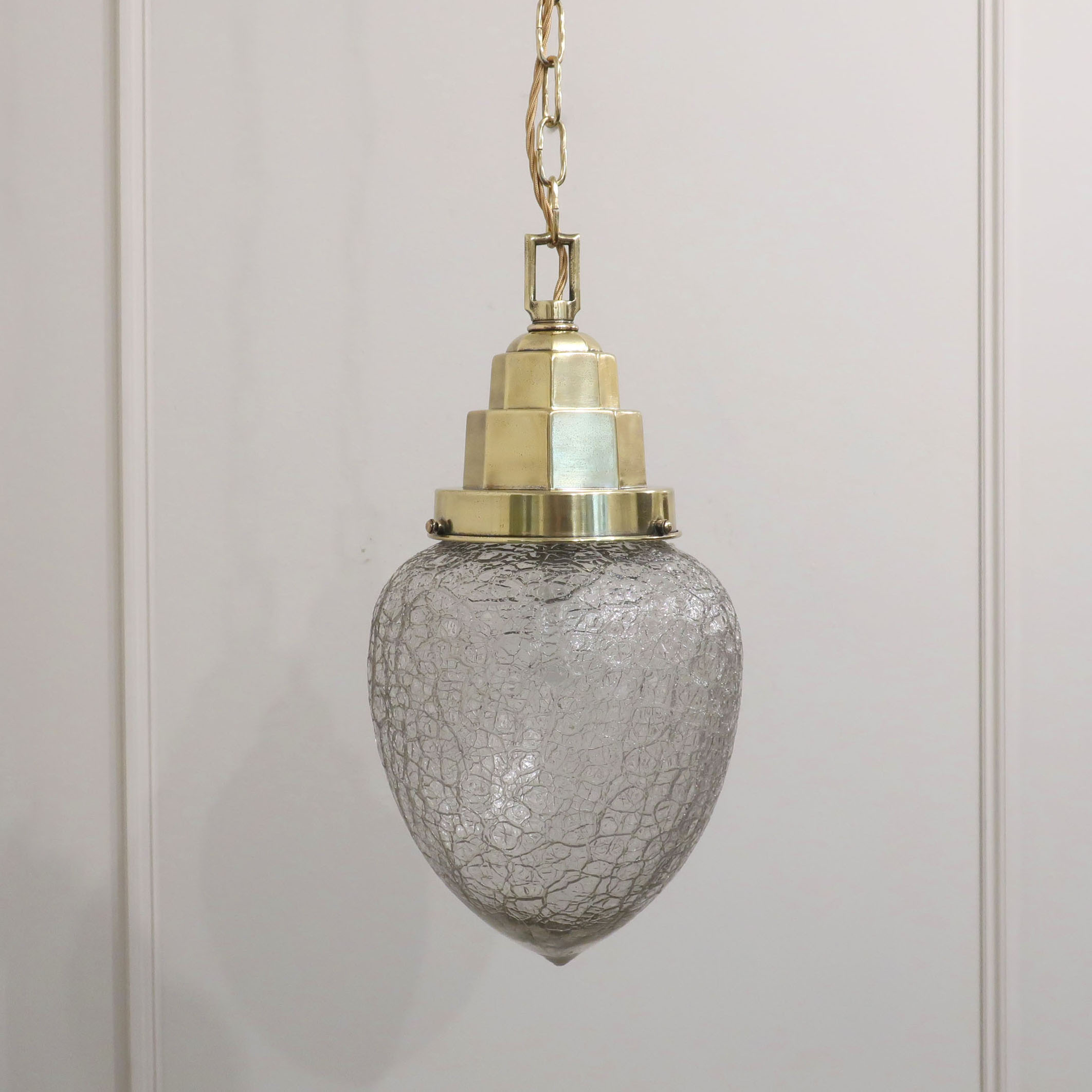 Art Deco Crackle Glass & Brass Pendant Ceiling Light