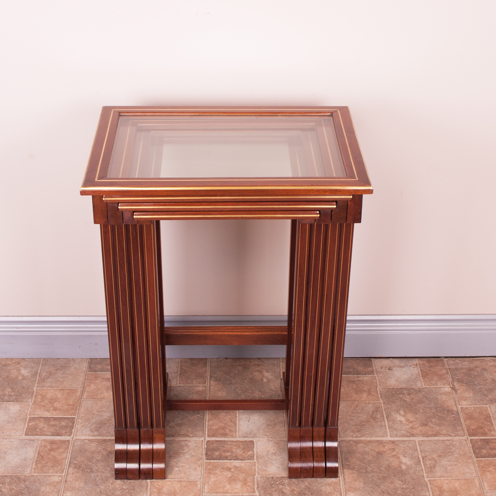 Good Quality French Brass Inlaid Mahogany Quartetto Nest of Tables